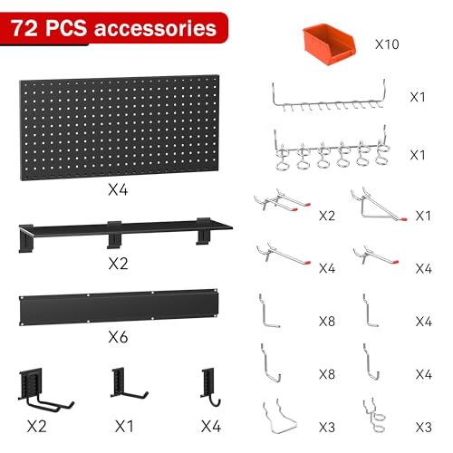 Ultrawall Black Pegboard Wall Organizer, 48X 36 inch for Garage Storage with Hooks, Storage Bins, Tool Panel Organizer, 72pcs
