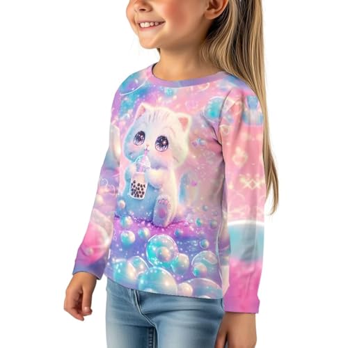 Image of Girls Cartoon Print Long Sleeve Graphic Tee Casual Crew Neck T-Shirts for 3-16 Years Little Girls