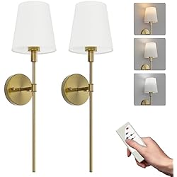 Lamparas De Pared Con Pantalla Aipsun 2 PCS 5500mAh Lámpara de pared de la batería con pantalla de tela blanca, Regulable, Aplique de Pared Interior Sin Cable con mando a distancia, para dormitorio, cuarto de baño(Oro)