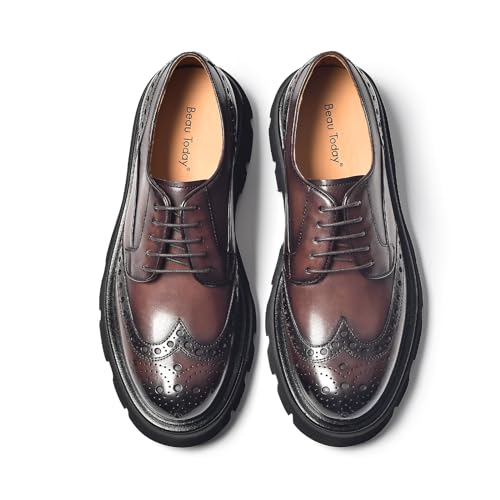Image of BEAU TODAY Men's Wingtip Oxfords, Brogue Lace-Up Business Dress Derby Shoes | Genuine Cow Leather, Sheepskin Lining, Non-slip EVA Platform Outsole, Wingtip Brogue Design, Versatile For Work or Daily Life