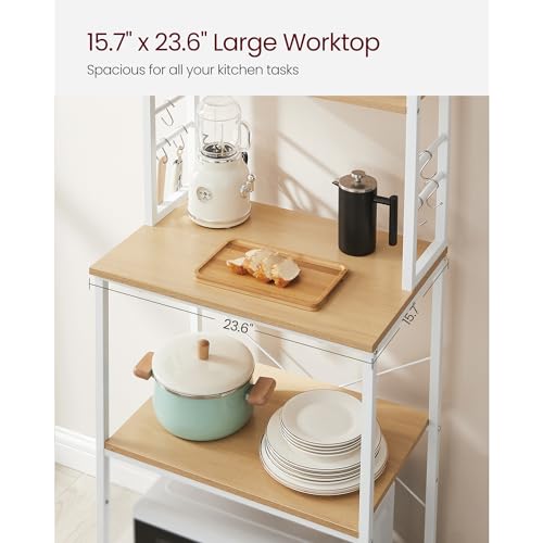 Image of VASAGLE Coffee Bar, 23.6 Inches Baker's Rack for Kitchen with Storage, 6-Tier Kitchen Shelves with 6 Hooks, Microwave Stand, Modern, Golden Oak and Cloud White UKKS024W09