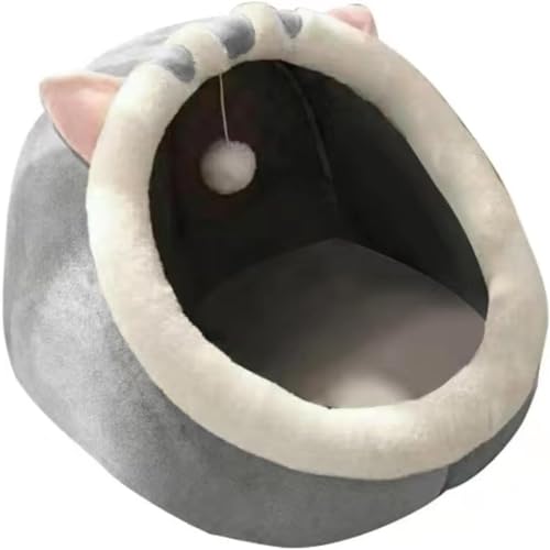 SKY-TOUCH Indoor Cat Bed Semi-enclosed Cat Igloo Cave Bed for Indoor Kittens Round Donut Cat House Nest with Fluffy Ball Hanging Soft Pet Cat Cave for Cats with Anti-Slip Bottom 48x45x40cm