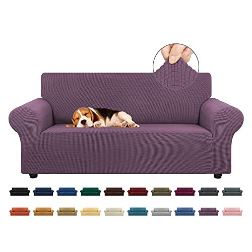 KEKUOU Stretch Loveseat Sofa Cover Slipcover,Couch Covers for 2 Cushion Couch Sofa (55"-78") Furniture Protector Sofa with Elastic Bottom for Kids,Dog. Jacquard Small Checked (Medium,Dark Purple)