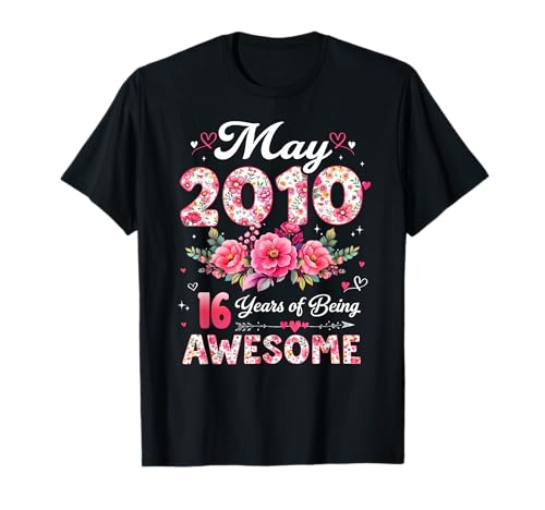 (En la Parte Posterior) 16 años Mayo 2010 Floral 16 cumpleaños Camiseta