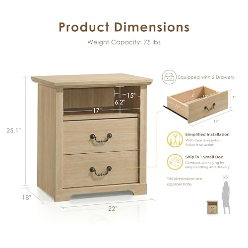 24/7 Shop at Home Elrik Modern 22-inch Wood Nightstand with Open Shelf, 2 Drawers and Ornate Handles, Wooden Night Stand for Bedroom, Apartment, Small Bedside Table, Oak by 24/7 Shop at Home - Used condition - Image 2