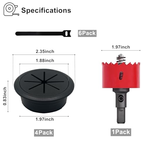 Image of 4 Pack Desk Grommet 2 Inch (50 mm), Desk Hole Cover for Cables, Black Desk Cord Hole Cover for Office Home Table, Cable Grommet with 1 Hole Saw Drill Attachment & 4 Cable Ties