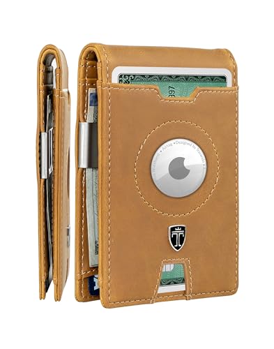 Image of TRAVANDO Money Clip Wallet with AirTag Pocket - RFID Protected Leather Wallet for Men for 11 Cards - including Gift Box (Cognac Brown)