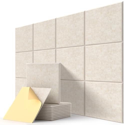 Image of Square Acoustic Wall Panels, Sound Absorbing Panels for Walls, Ceiling, Doors, 12 Pack 12 inchx12 inchx0.4 inch Self Adhesive Decorative Beige Acoustic Tiles for Recording Studio, Office, Room, Home