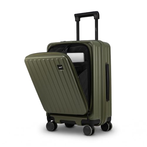 Image of F Gear Montreal Small Cabin Pro 54cm German Polycarbonate Hard Luggage |8 Japanese Hinomoto Silent Wheels|USB & Type-C Charging | Front Opening Suitcase for Travel (Army Green)