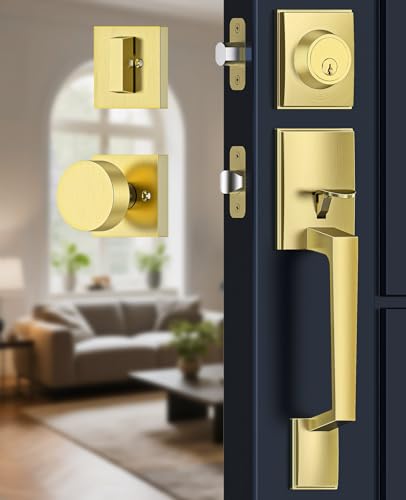 Mensarix Gold Front Door Handle and Deadbolt Set with Modern Exterior Knob
