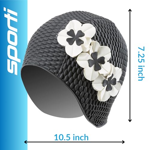 Image of Sporti Floral Bubble Swim Cap - Black /Ivory Flowers