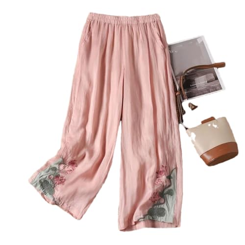 Women's Summer Chinese Loose Fit Embroidered Casual Pants Vintage Bell Bottoms Trouser2