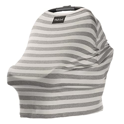 Image of Milk Snob Original 5-in-1 Cover - Added Privacy for Breastfeeding, Baby Car Seat, Carrier, Stroller, High Chair, Shopping Cart, Lounger Canopy - Newborn Essentials, Nursing Top, Cream and Gray Stripe