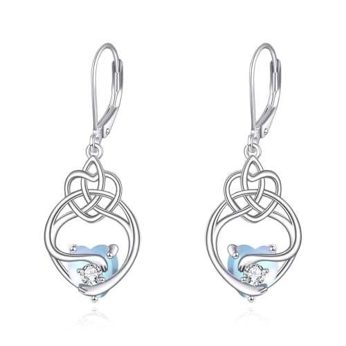 Irish Celtic Knot Earrings Gifts for Women Sterling Silver Moonstone Heart Leverback Earrings Hug Hand Dangle Earrings Jewelry