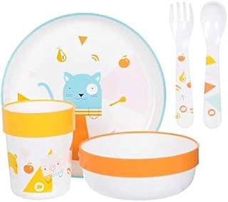 Plato, bol, vaso, cuchara y tenedor para