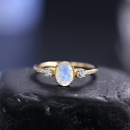 Gem's Beauty Gold Rings for Women 14K Gold/Rose Gold Plated 925 Sterling Silver Natural Moonstone Jewelry Women Wedding Engagement Rings Birthday Gifts for Her (Size5-10)2