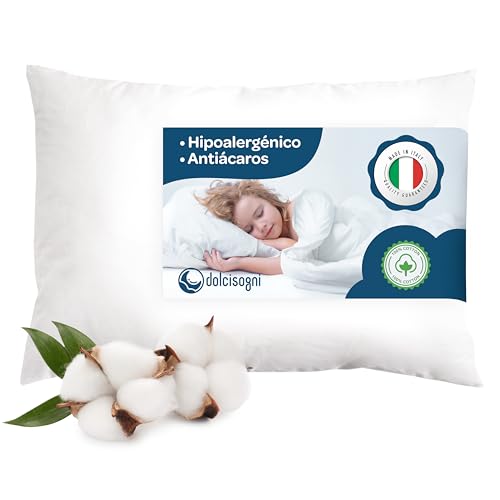 DOLCI SOGNI - Almohada para Niños 2 Años en adelante, para Cuna 60x40 cm - Suave, Hipoalergénica y Antibacteriana de Algodón Natural - Almohada Transpirable
