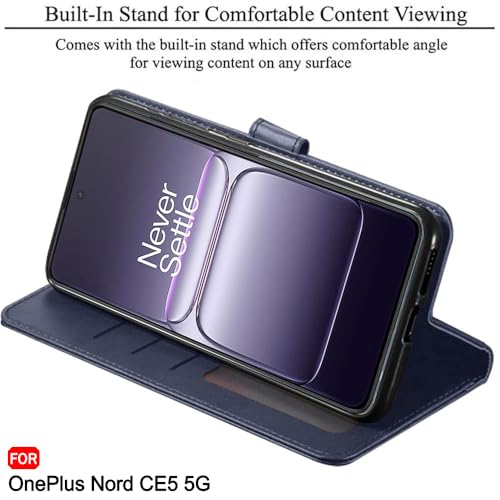 Image of TheGiftKart Genuine Leather Finish Flip Back Cover Case for OnePlus Nord CE 5 5G | Inbuilt Pockets & Stand | Wallet Style | Designer Button | Flip Back Cover for OnePlus Nord CE5 (Faux Leather, Blue)