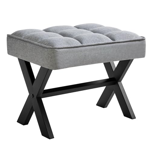 Image of IBUYKE Small 12 inch H Footrest, Square Linen Step Stool, Blue Gray WBD011L | Foot Stool Metal X-Leg Multi-Use Small Side Table Living Room Bedroom Entryway Office