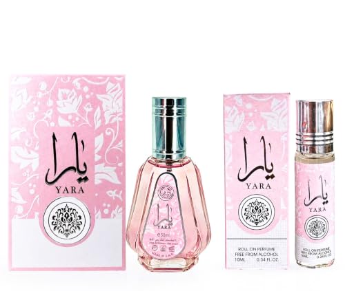 Pack of 2 Yara 50ml Eau de Parfum + Yara 10ml Roll On | Long Lasting Perfume Gift for Women | Floral Rose Vanilla & Sweet Notes | Luxury Fragrance Gift Set