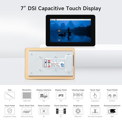 Écran tactile DSI 7 pouces 1280x720 IPS avec boîtier de protection pour Raspberry Pi - 3