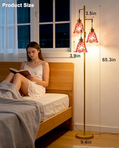 Image of Lightdot 67 inch Glass Floor Lamps for Living Room, 3-Light Dimmable Floor Lamp with Rose Red Glass Shade& Bulbs Included, Mid Century Standing Tall Lamp with 5Lbs Heavy Base for Bedroom /Sofa Beside-Gold