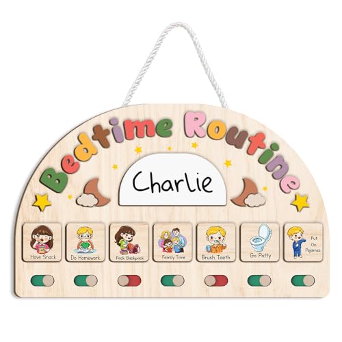 Image of Bedtime Routine Chart for Toddler, Nighttime Routine Board for Kids, Visual Schedule Night to Do Chart, Wooden Schedule Board for Kids