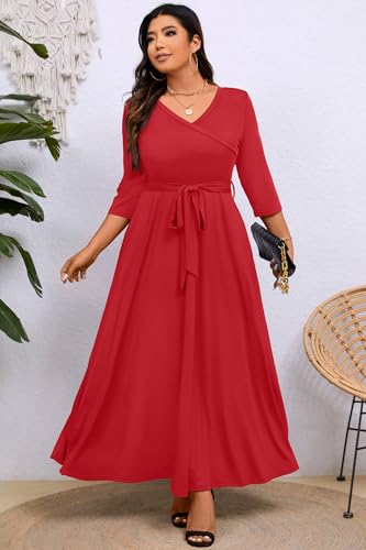 Image of Runwind Plus Size Dress for Women - 3 /4 Sleeve V Neck Maxi Dresses for Women (XL-6XL)