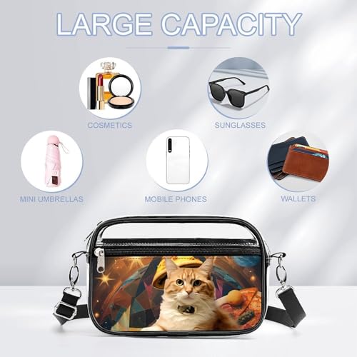 Space Cat with Pizza Clear Stadium Bag Mini Crossbody Bag Anti-Theft Side Shoulder Bags Messenger Bag Unisex3