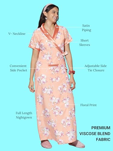 Image of 9shines Label Stylish Cotton Nighty Robe for Women | Front Open Floral Housecoat | Wrap Nighty with Pocket | Adjustable Waist Tie | Plus Size Housecoat (9SHC-LOR-L)