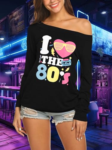 Women 80s Shirts 80's Off The Shoulder Party Tops 1980S Womens Disco Graphic Outfits Oversized Long Sleeve Tee Casual Costume Themed Tshirts2