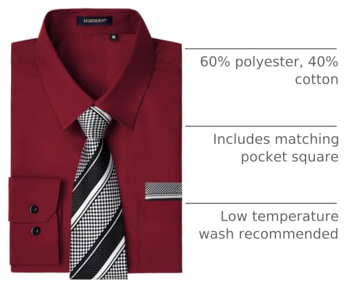 Image of HISDERN Mens Dress Shirt with Tie Pocket Square Set Classic Button Down Shirt Matching Tie Long Sleeve Shirts