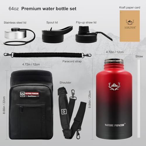 Image of NATURE PIONEOR 64 oz Insulated Water Bottle with Carrier Bag & 3 Lids