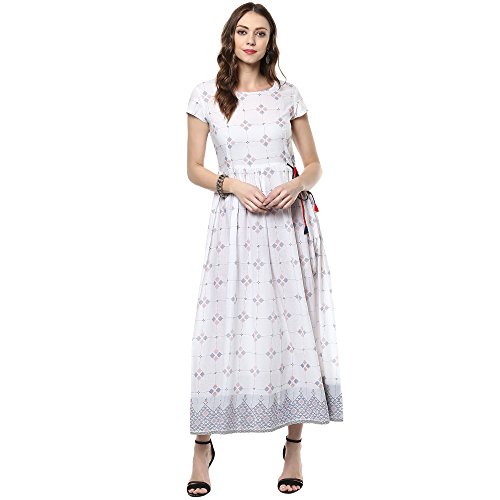 Indian Virasat Women's Beautiful Printed Cotton Flaired Anarkali Medium White Tunic Kurti