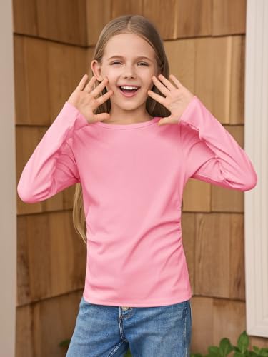 Image of Haloumoning Girls Long Sleeve Shirts Crewneck Ruched Side Slim Fit Tops Ribbed Knit Casual Tee Shirt 4-15 Years