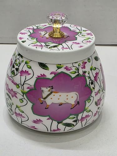 Image of 4-Inch Enamel Printed Pichwai Cow Jars - Decorative Metal Storage Jars with Lid - Traditional Indian Art Containers for Sweets, Spices, Pooja & Return Gifting