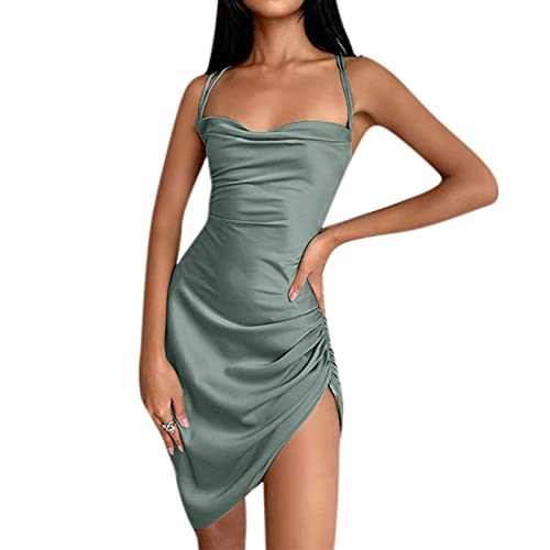 Image of JUMISEE Women Satin Ruched Lace Up Bodycon Mini Dress Sexy Backless Spaghetti Strap Party Dress for Cocktail Clubwear