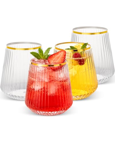 Goodluck 36 Pack 12oz Stemless Plastic Wine Glasses – Clear Ribbed Cups with Gold Rim, Fancy Reusable Disposable Drinkware for Weddings, Parties, Bars, Indoor and Outdoor Events