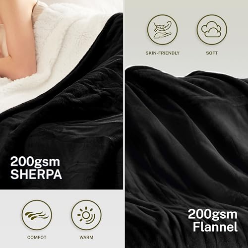 Heat Blanket 72”x84” Full Size,Soft Flannel & Sherpa Reversible Electric Blanket with 10 Heat Settings,12 Timer Setting and 8 Hours Auto-Shut Off,ETL Certified Machine Washable,Black