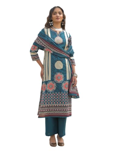 Image of INDO ERA Women's Green Pure Cotton Floral Printed Sequinned Kurta & Pant with Dupatta Set