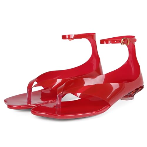 Image of Women's Flip Flop Kitten Heels - Jelly Thong Heeled Sandals with Clear Strap, Transparent Low Heel Mules, Stylish Thong Kitten Heels for Summer, Casual Dress Sandals
