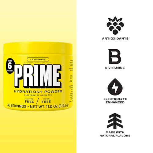 Image of PRIME HYDRATION+ Electrolyte Powder, Lemonade, Sugar Free Hydration Drink Mix with Potassium, Magnesium & B Vitamins to Replenish Fluids, Caffeine Free, 6 Gallon Tub, 48 SRV