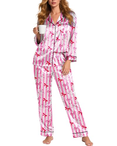 Image of Silky Pajamas for Women 2 Piece Long Sleeve Pj Sets Women's Satin Sleepwear Button Down Loungewear Set