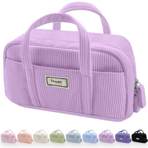 Image of Sooez Large Pencil Case Pouch, Extra Big Pencil Bag with 5 Compartments, Pen Bag Wide Opening, Soft Corduroy Pencil Pouch Organizer with Zipper, Cute Aesthetic School Supplies for Girls-Light Purple