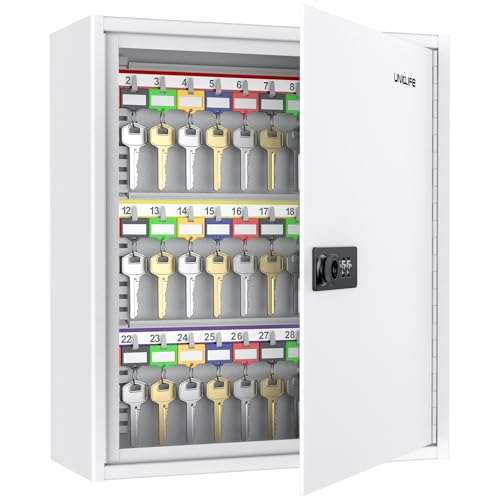 Uniclife Schlüsselschrank 60 Fach mit Zahlenschloss und Schlüssel resettbar digitaler Sicherheitstresor Schlüsselorganizer mit verstellbaren Regalen farbigen Etiketten und Haken weiß