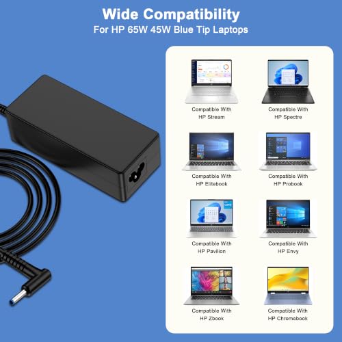 Image of 65W Laptop Charger Replacement for HP Laptop HP EliteBook Envy Pavilion ProBook Stream Chromebook Spectre, Blue Tip 4.5mm 19.5V 3.33A Computer Power Adapter