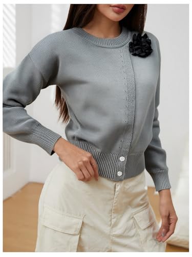 Women's 3D Floral Wrap Sweater Crew Neck Long Sleeve Knit Pullover Tops3