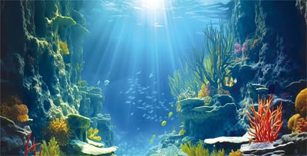 Dtekoj 36X18IN Blue Sea Floor Aquarium Background, Natural Underwater World 3D Effect Fish Tank Decorations Background, Art Terrarium Background with 8 EVA Double-Sided Tape
