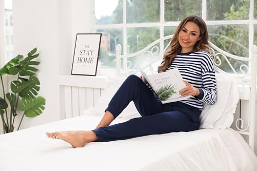 Bresdk Schlafanzug Damen Lang Pyjama Set Langarm Baumwolle Winter Nachtwäsche Frauen Blau L 5