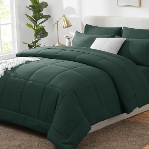 CozyLux Queen Comforter Set - 7 Pieces Bed in a Bag Set Forest Green, Bedding Sets Queen with All Season Quilted Comforter, Flat Sheet, Fitted Sheet, Pillowcases